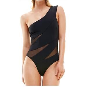 Shein Black One Shoulder Mesh Cut Out Swimsuit Large
